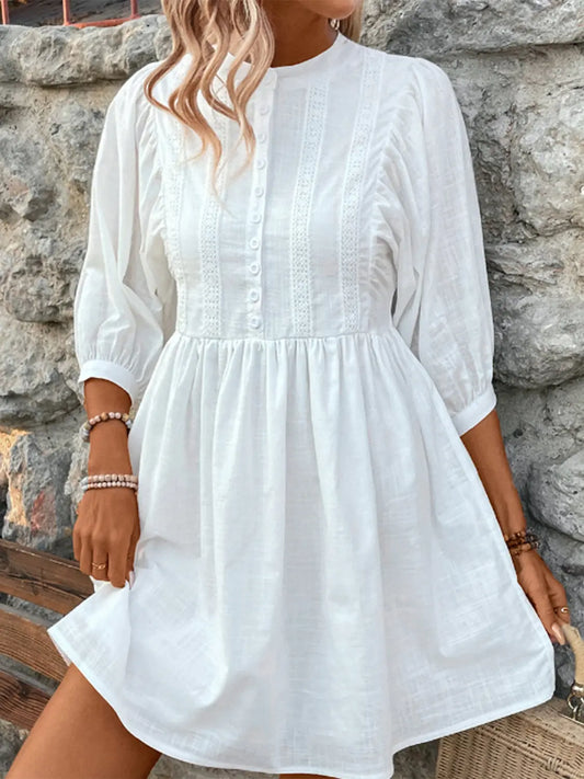 Lace Detail Half Button Three-Quarter Sleeve Dress  Hot Trends