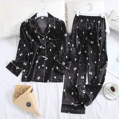 Long Sleeve Pajamas Autumn Ice Silk Trousers Suit Printing Fashion Pyjamas Set - Hot Trends