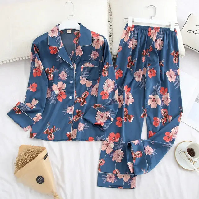 Long Sleeve Pajamas Autumn Ice Silk Trousers Suit Printing Fashion Pyjamas Set - Hot Trends