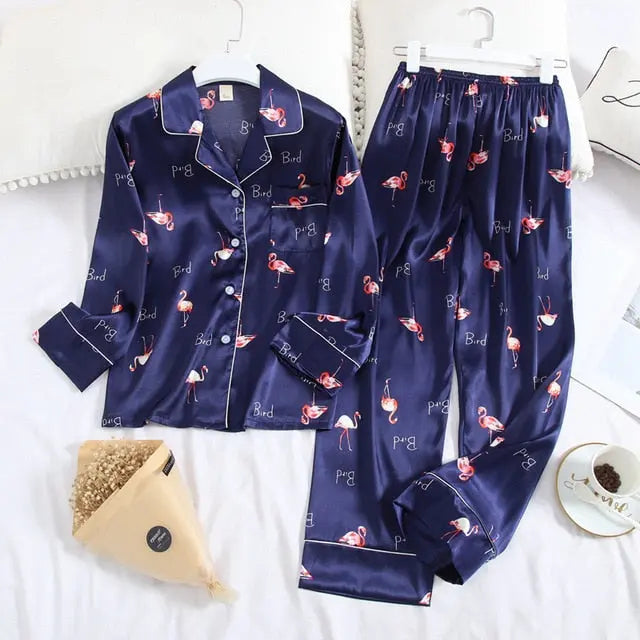 Long Sleeve Pajamas Autumn Ice Silk Trousers Suit Printing Fashion Pyjamas Set - Hot Trends