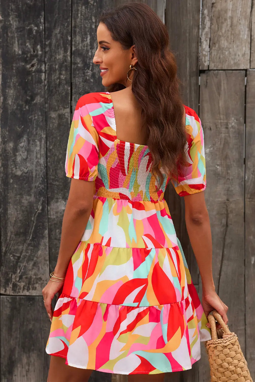 Multicolored Square Neck Smocked Mini Dress  Hot Trends