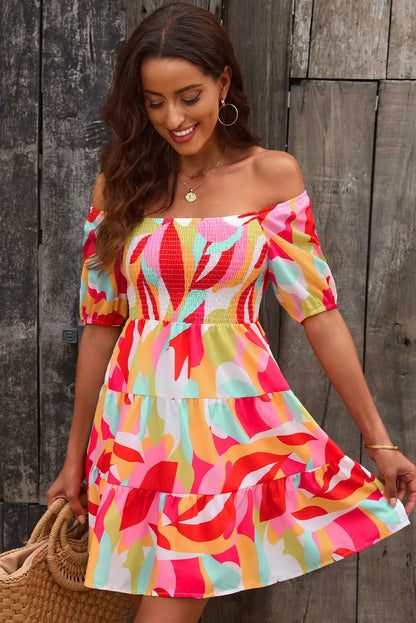 Multicolored Square Neck Smocked Mini Dress  Hot Trends