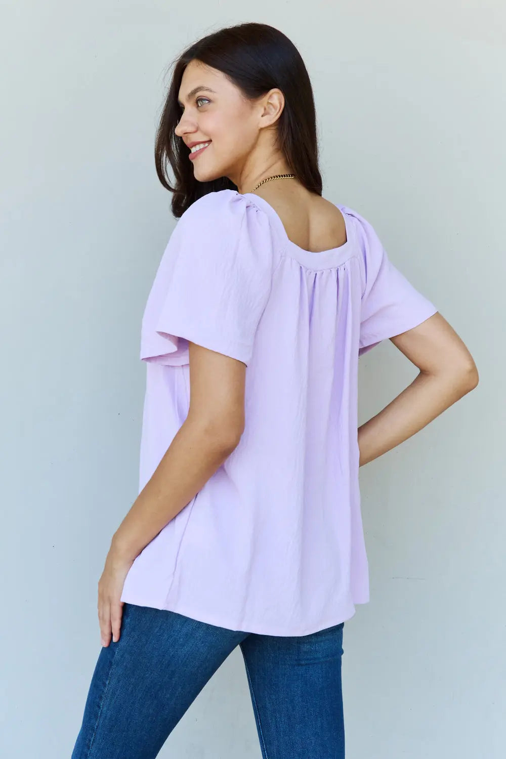 Ninexis Keep Me Close Square Neck Short Sleeve Blouse in Lavender - Hot Trends