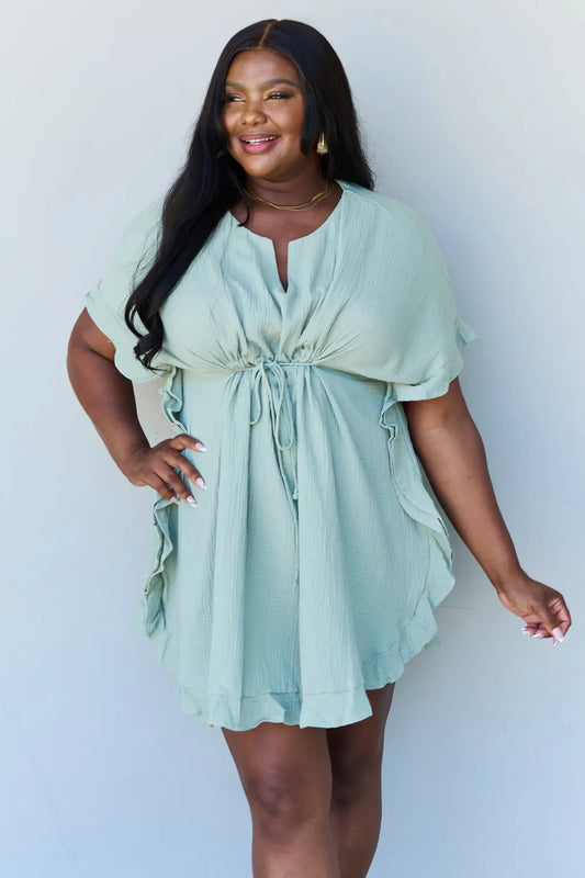Ninexis Out Of Time Full Size Ruffle Hem Dress with Drawstring Waistband in Light Sage - Hot Trends