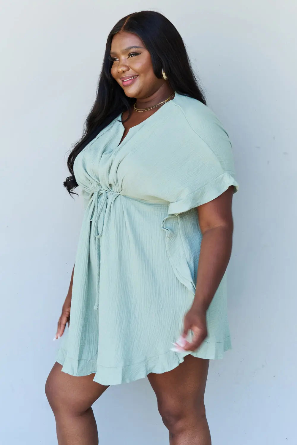 Ninexis Out Of Time Full Size Ruffle Hem Dress with Drawstring Waistband in Light Sage - Hot Trends