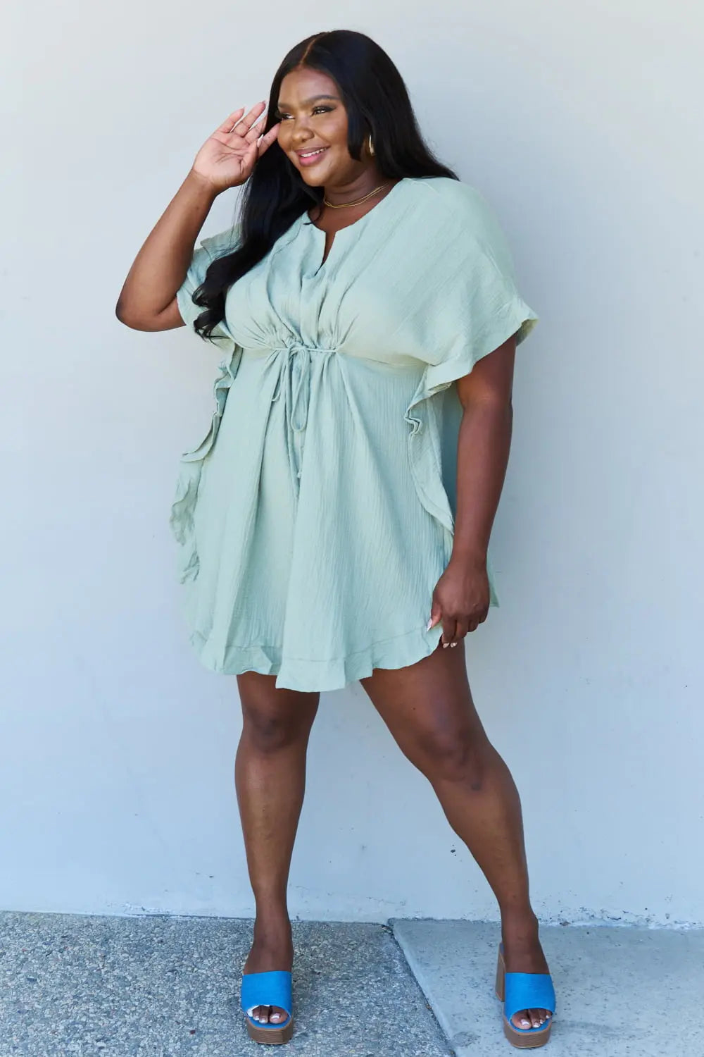 Ninexis Out Of Time Full Size Ruffle Hem Dress with Drawstring Waistband in Light Sage - Hot Trends