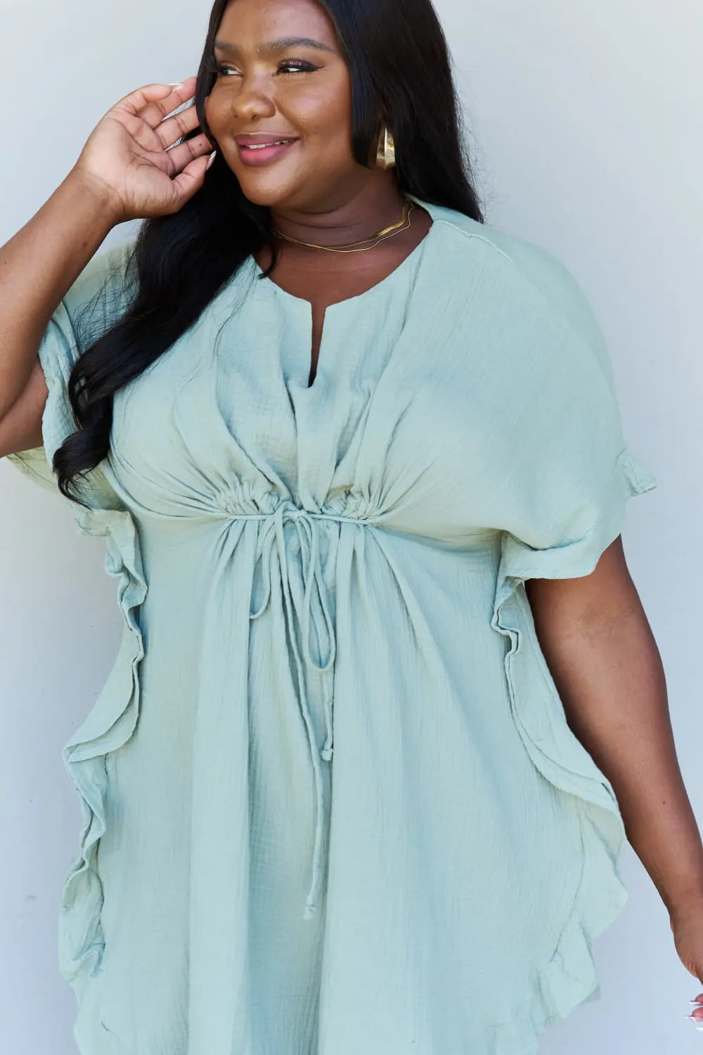 Ninexis Out Of Time Full Size Ruffle Hem Dress with Drawstring Waistband in Light Sage - Hot Trends