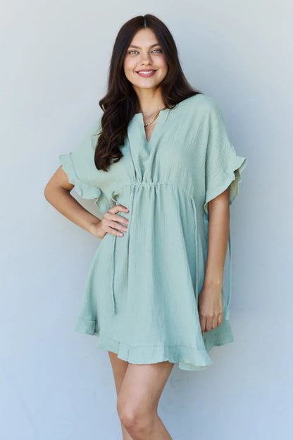 Ninexis Out Of Time Full Size Ruffle Hem Dress with Drawstring Waistband in Light Sage - Hot Trends