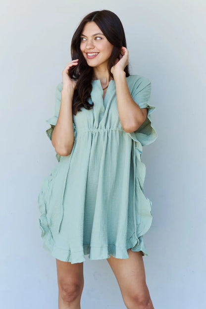 Ninexis Out Of Time Full Size Ruffle Hem Dress with Drawstring Waistband in Light Sage - Hot Trends