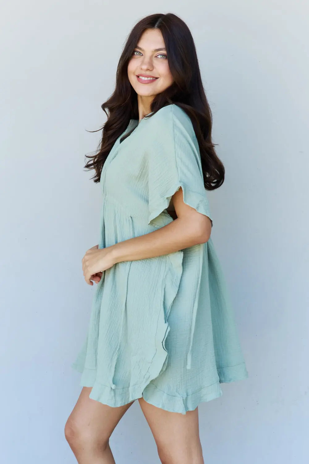 Ninexis Out Of Time Full Size Ruffle Hem Dress with Drawstring Waistband in Light Sage - Hot Trends