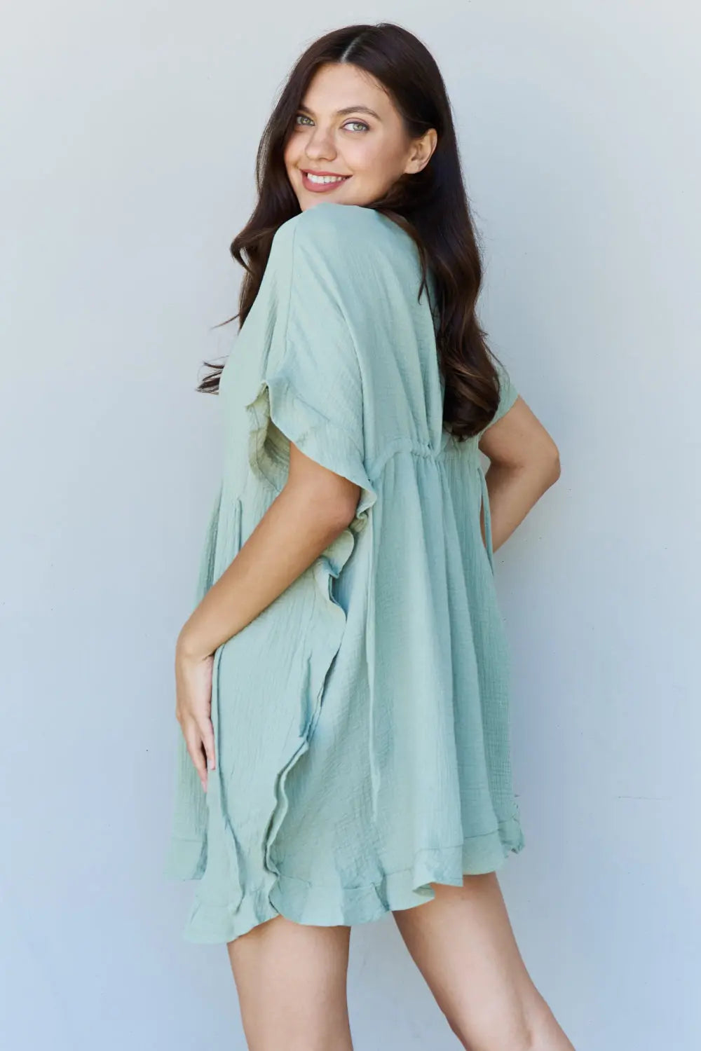 Ninexis Out Of Time Full Size Ruffle Hem Dress with Drawstring Waistband in Light Sage - Hot Trends