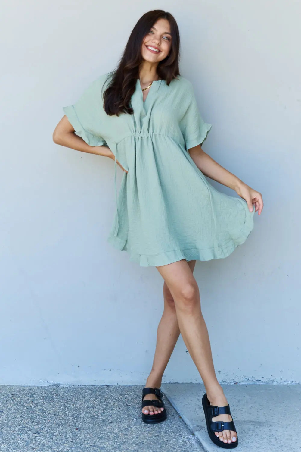 Ninexis Out Of Time Full Size Ruffle Hem Dress with Drawstring Waistband in Light Sage - Hot Trends