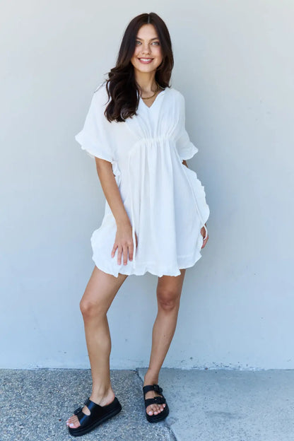 Ninexis Out Of Time Full Size Ruffle Hem Dress with Drawstring Waistband in White - Hot Trends