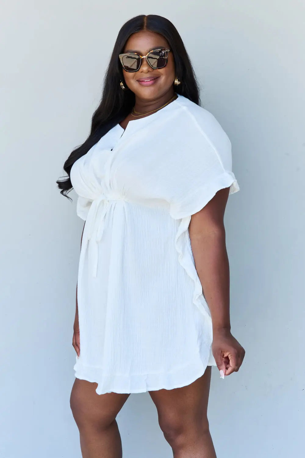 Ninexis Out Of Time Full Size Ruffle Hem Dress with Drawstring Waistband in White - Hot Trends