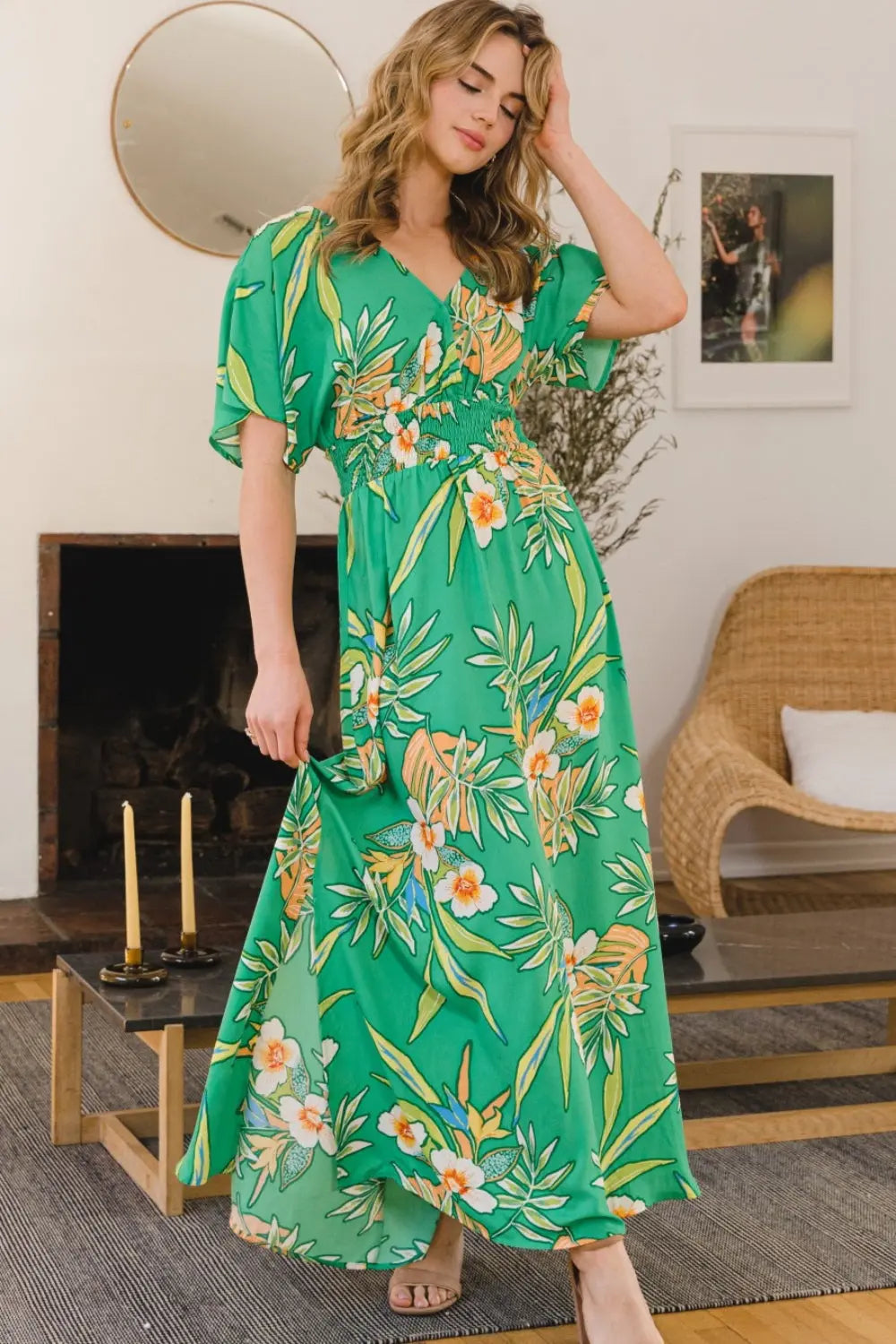 ODDI Full Size Floral Smocked Tied Back Maxi Dress  Hot Trends