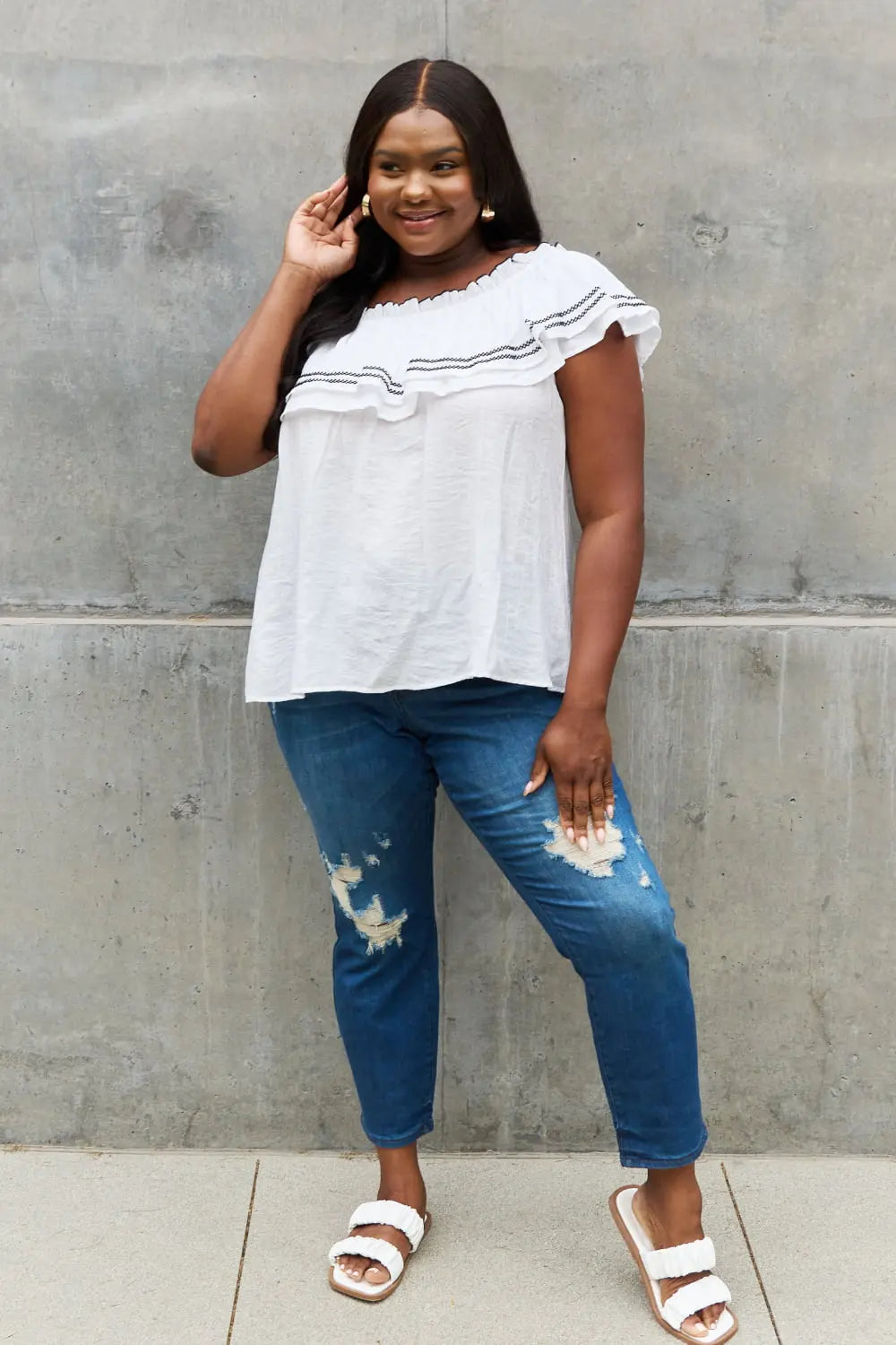 ODDI Full Size Off The Shoulder Ruffle Blouse - Hot Trends