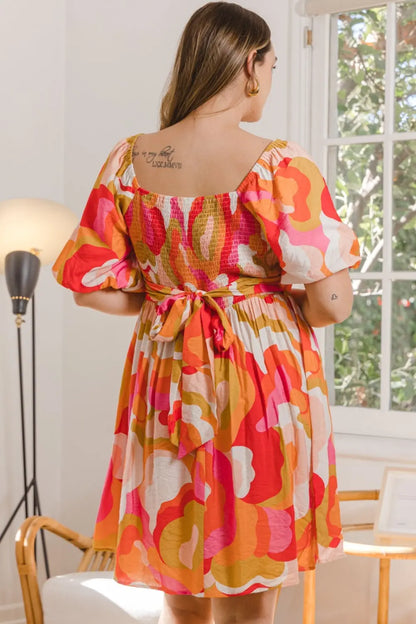 ODDI Full Size Printed Tied Back Short Sleeve Mini Dress  Hot Trends