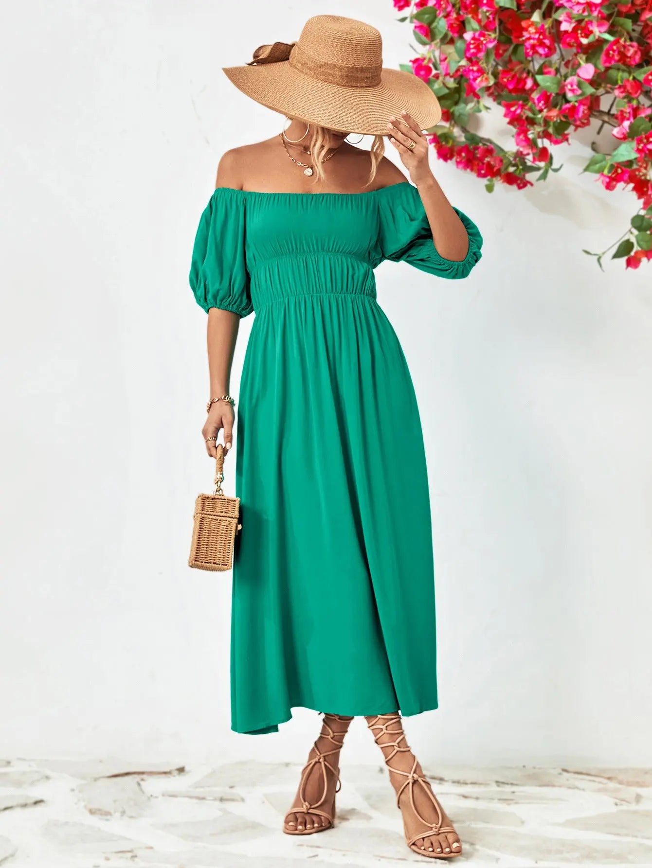 Off-Shoulder Balloon Sleeve Midi Dress - Hot Trends