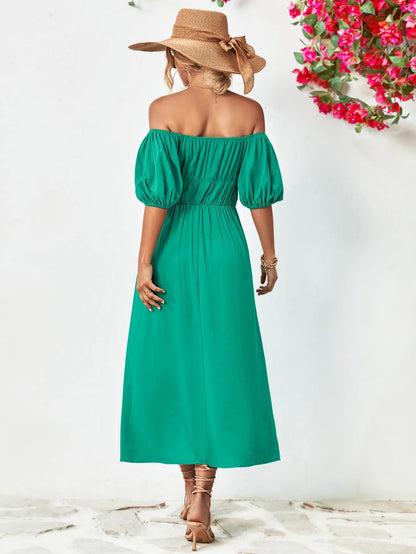 Off-Shoulder Balloon Sleeve Midi Dress - Hot Trends