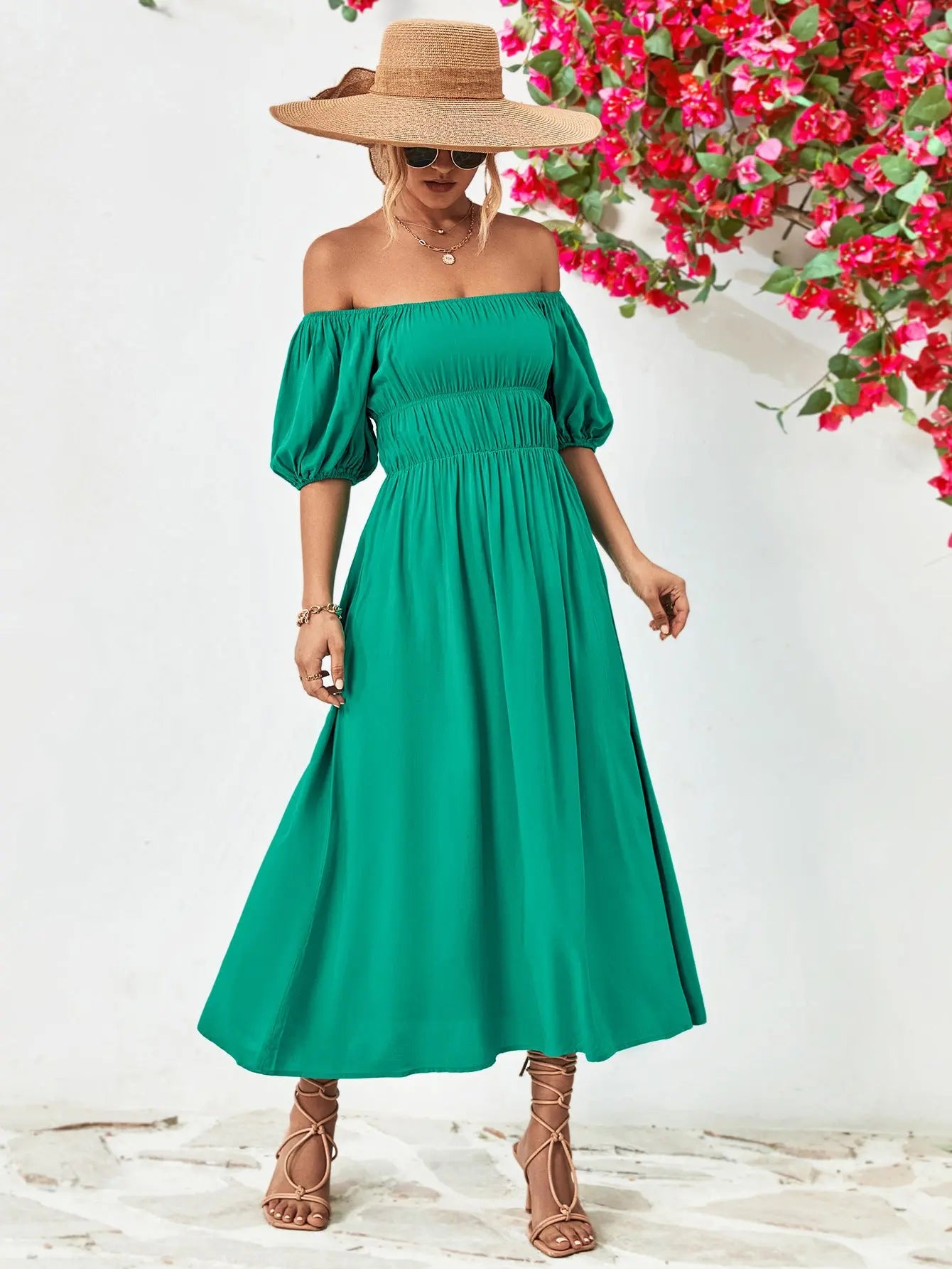 Off-Shoulder Balloon Sleeve Midi Dress - Hot Trends