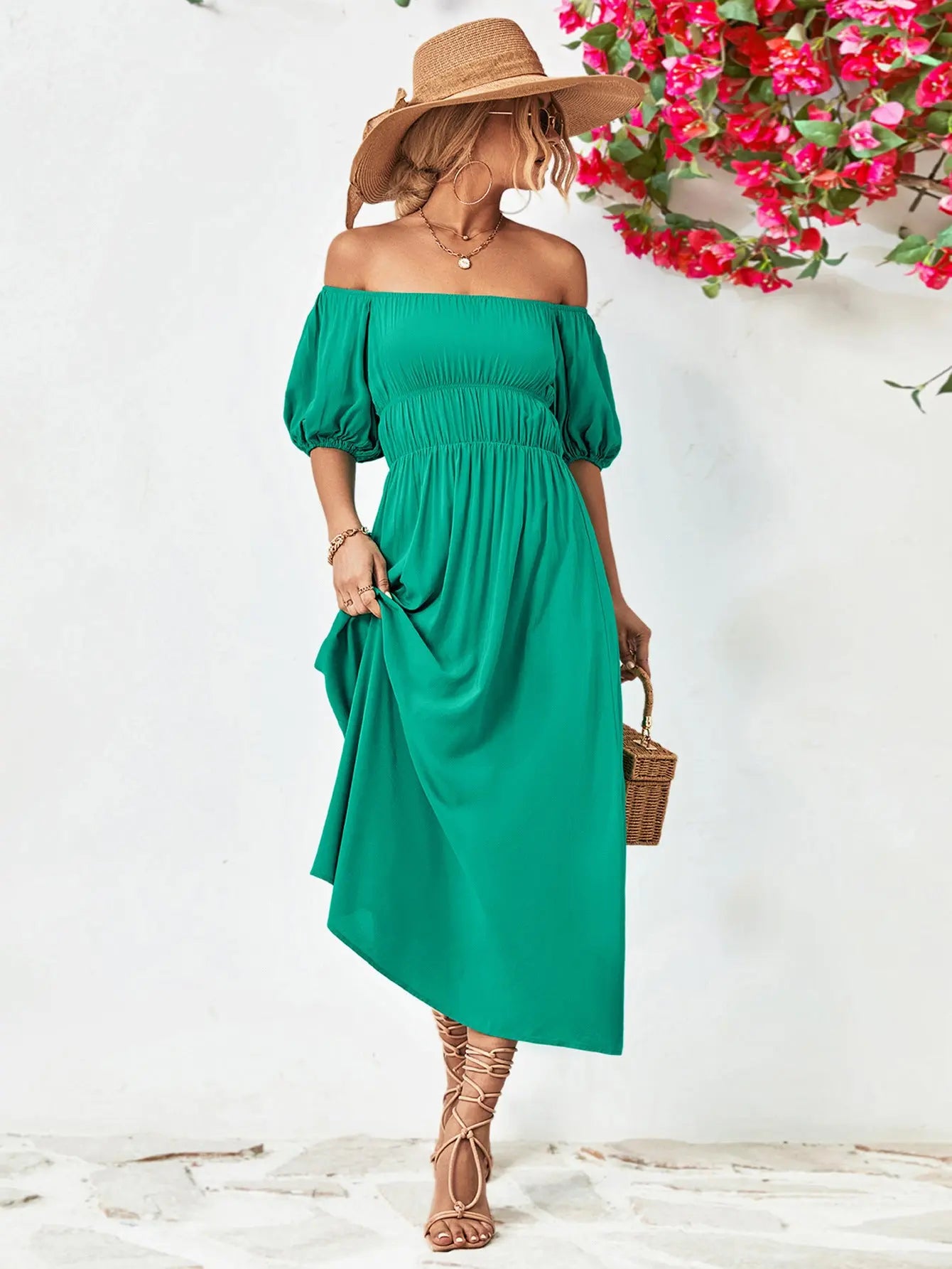 Off-Shoulder Balloon Sleeve Midi Dress - Hot Trends