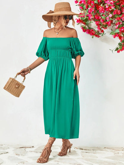 Off-Shoulder Balloon Sleeve Midi Dress - Hot Trends