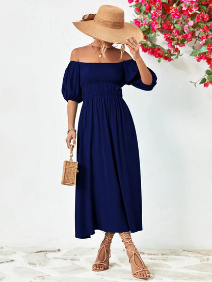 Off-Shoulder Balloon Sleeve Midi Dress - Hot Trends