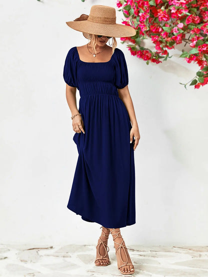 Off-Shoulder Balloon Sleeve Midi Dress - Hot Trends