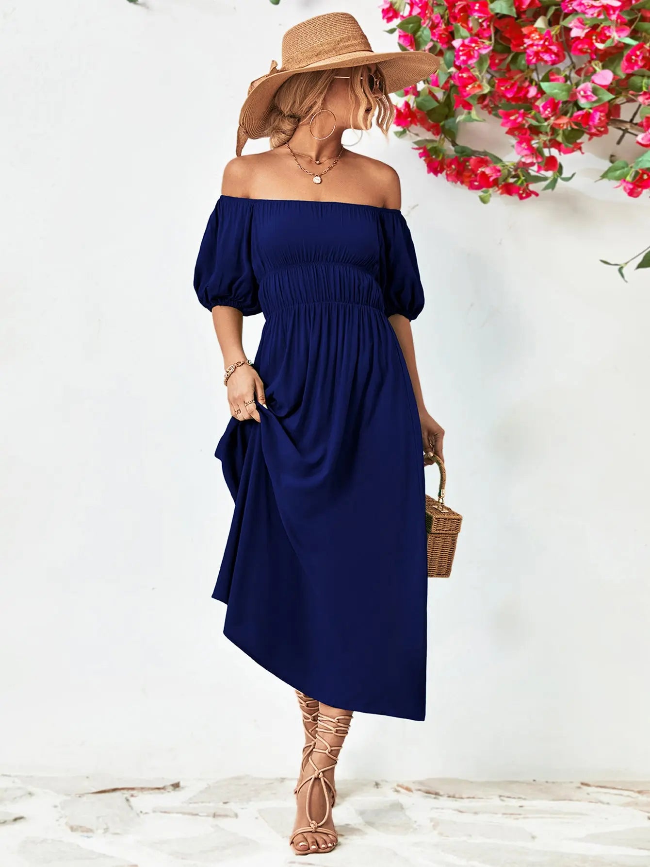 Off-Shoulder Balloon Sleeve Midi Dress - Hot Trends