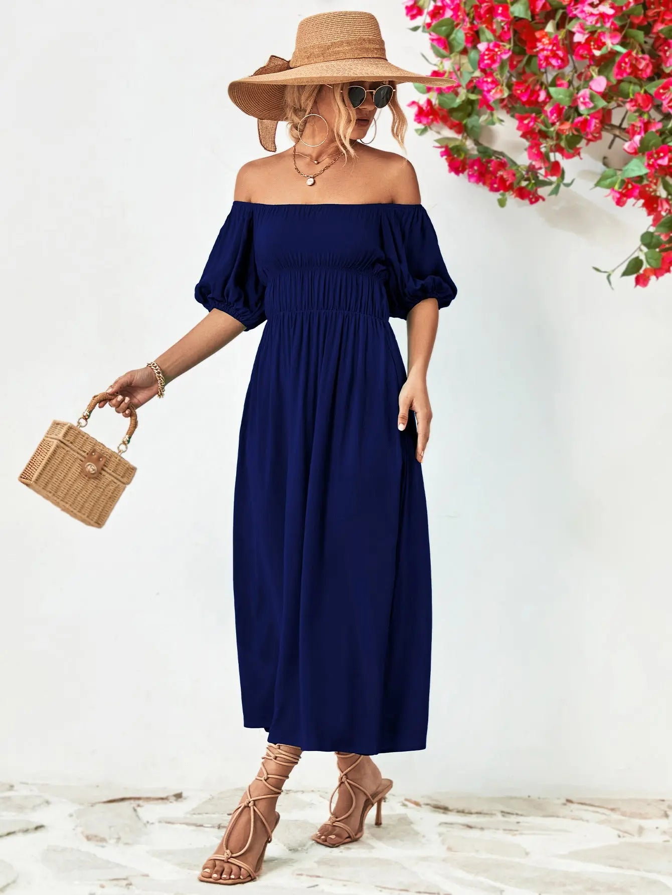 Off-Shoulder Balloon Sleeve Midi Dress - Hot Trends