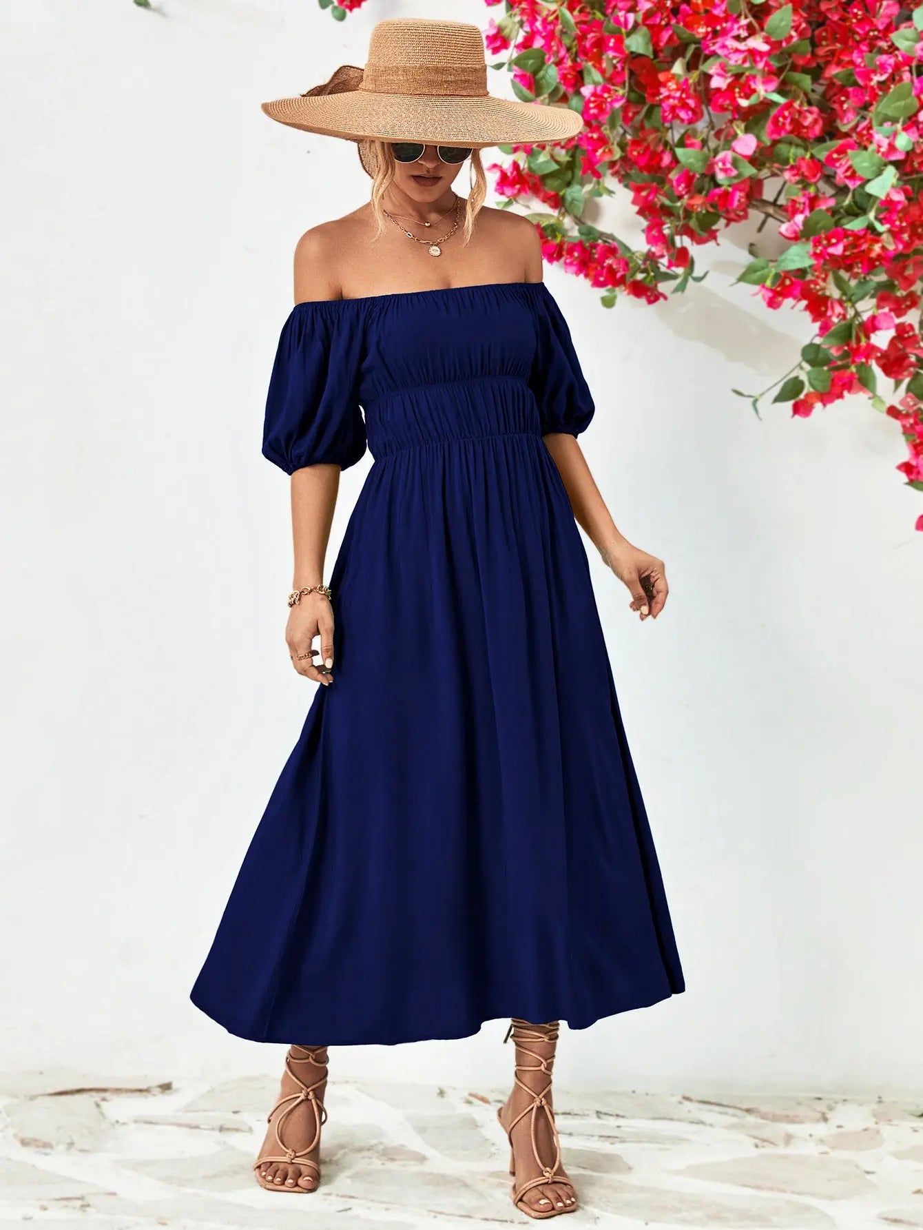 Off-Shoulder Balloon Sleeve Midi Dress - Hot Trends