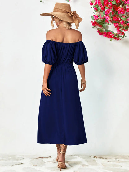 Off-Shoulder Balloon Sleeve Midi Dress - Hot Trends