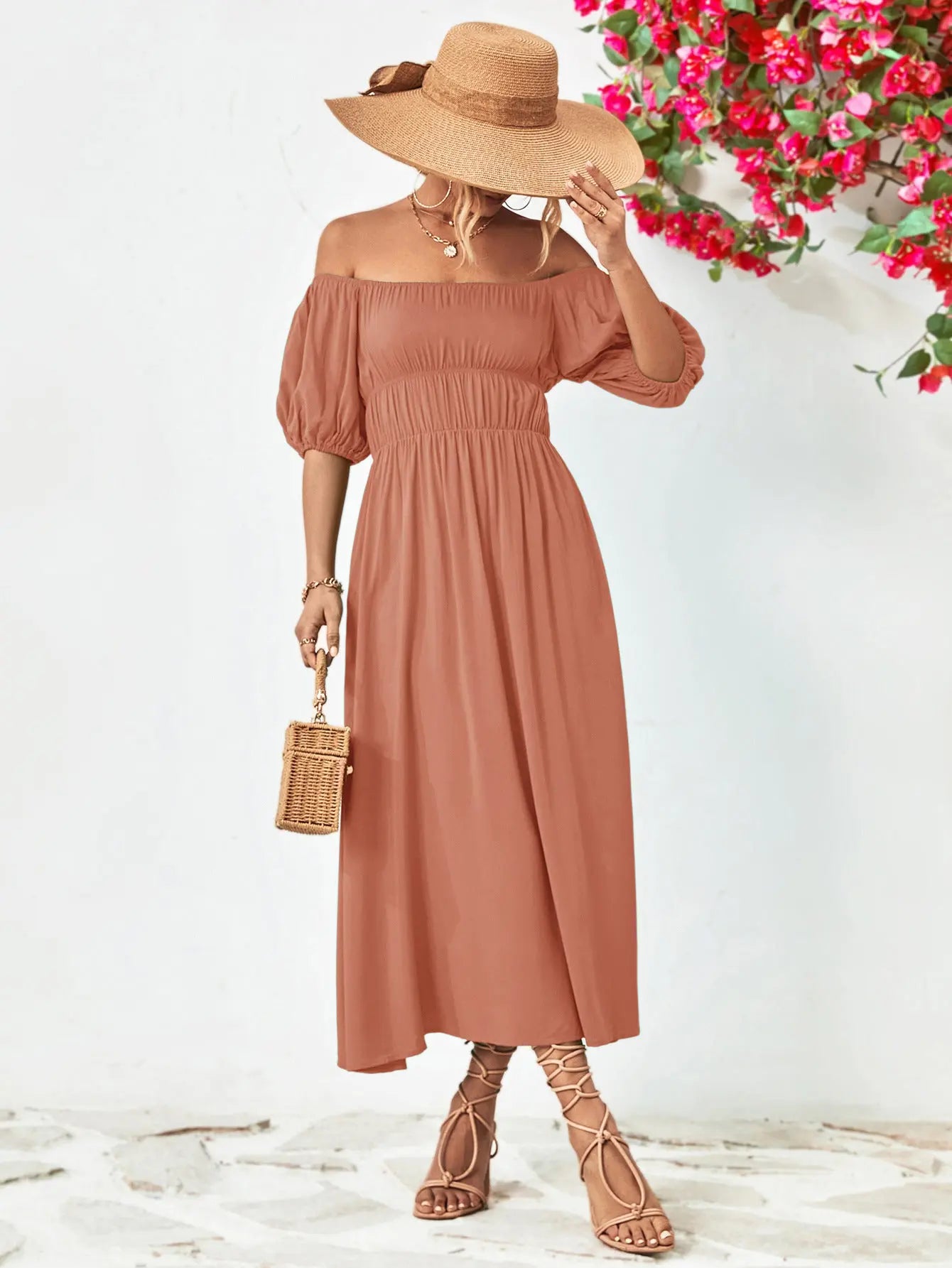 Off-Shoulder Balloon Sleeve Midi Dress - Hot Trends