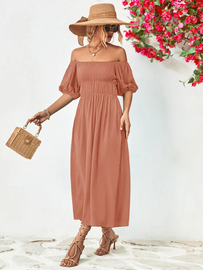 Off-Shoulder Balloon Sleeve Midi Dress - Hot Trends