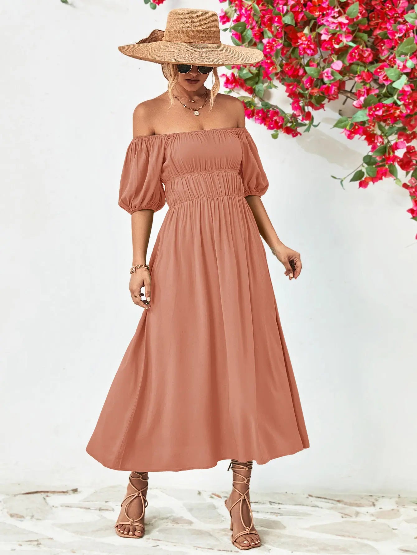 Off-Shoulder Balloon Sleeve Midi Dress - Hot Trends