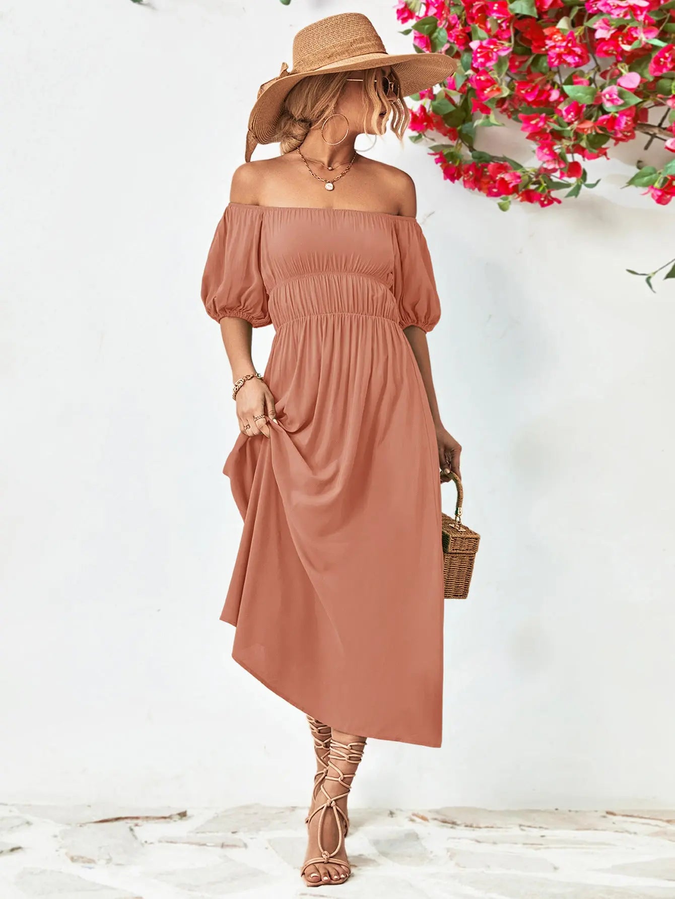 Off-Shoulder Balloon Sleeve Midi Dress - Hot Trends