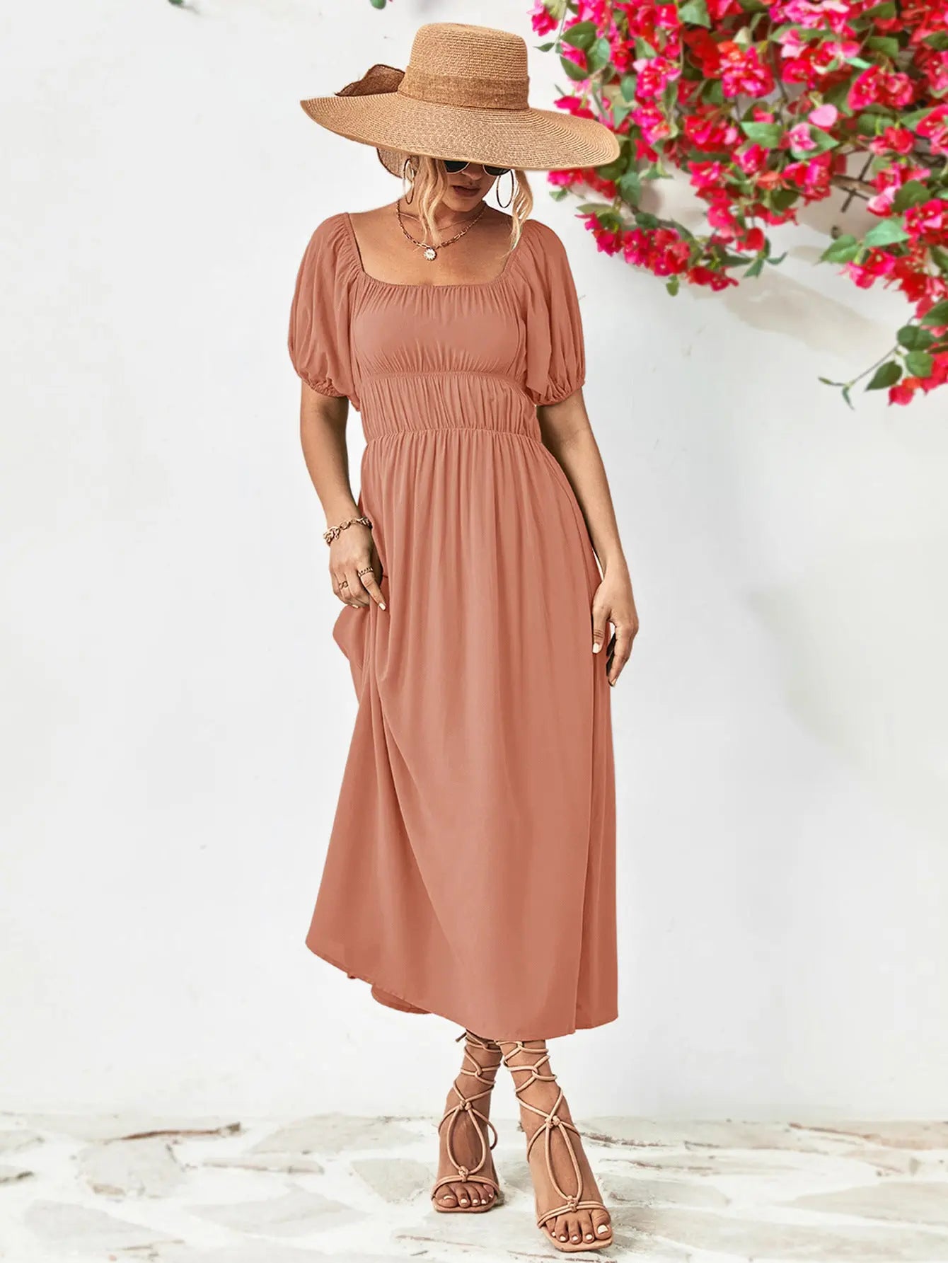 Off-Shoulder Balloon Sleeve Midi Dress - Hot Trends