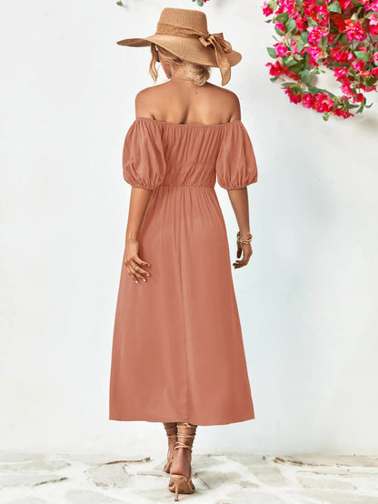 Off-Shoulder Balloon Sleeve Midi Dress - Hot Trends