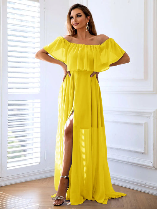 Off-Shoulder Layered Split Maxi Dress - Hot Trends