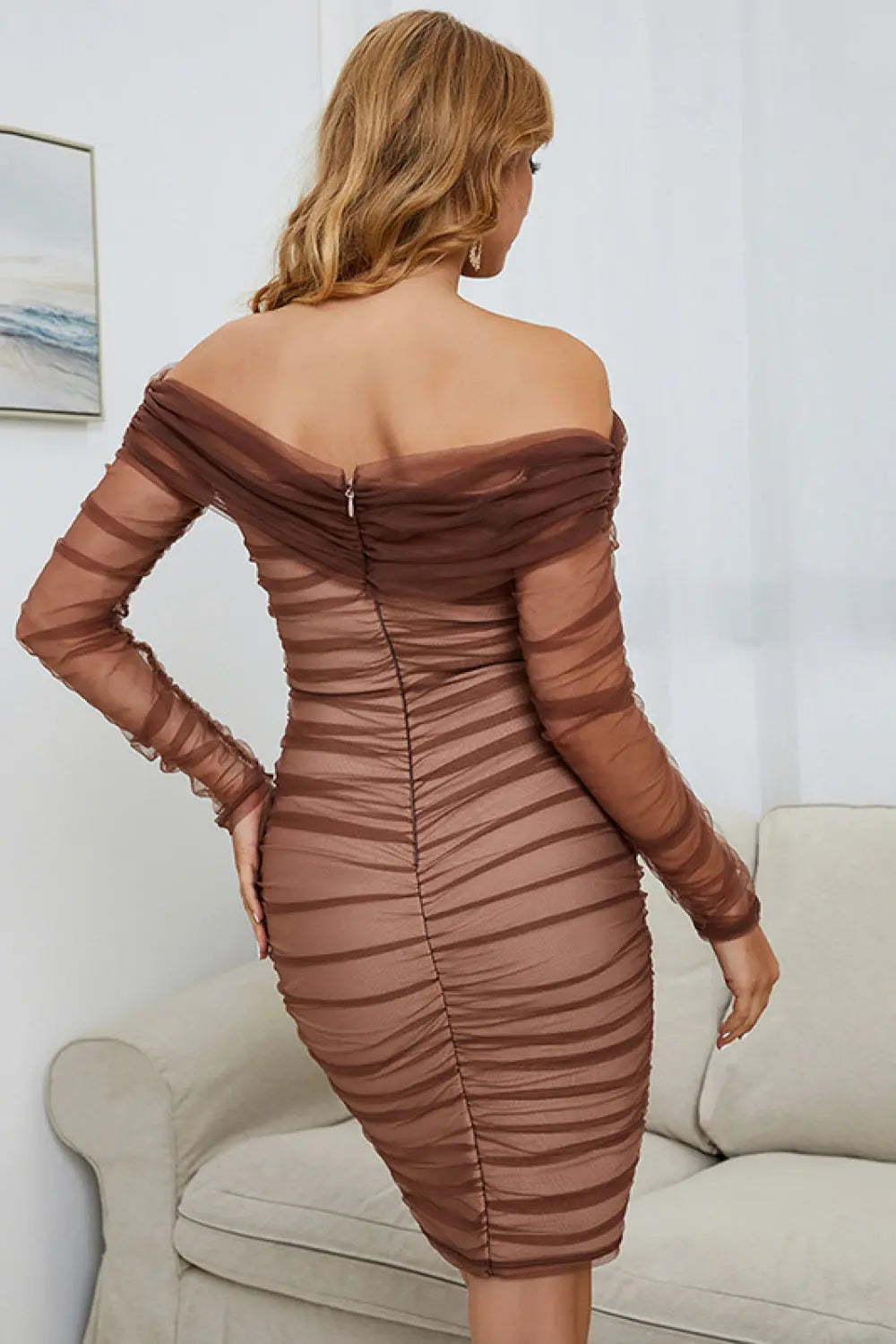 Off-Shoulder Ruched Long Sleeve Tulle Dress - Hot Trends