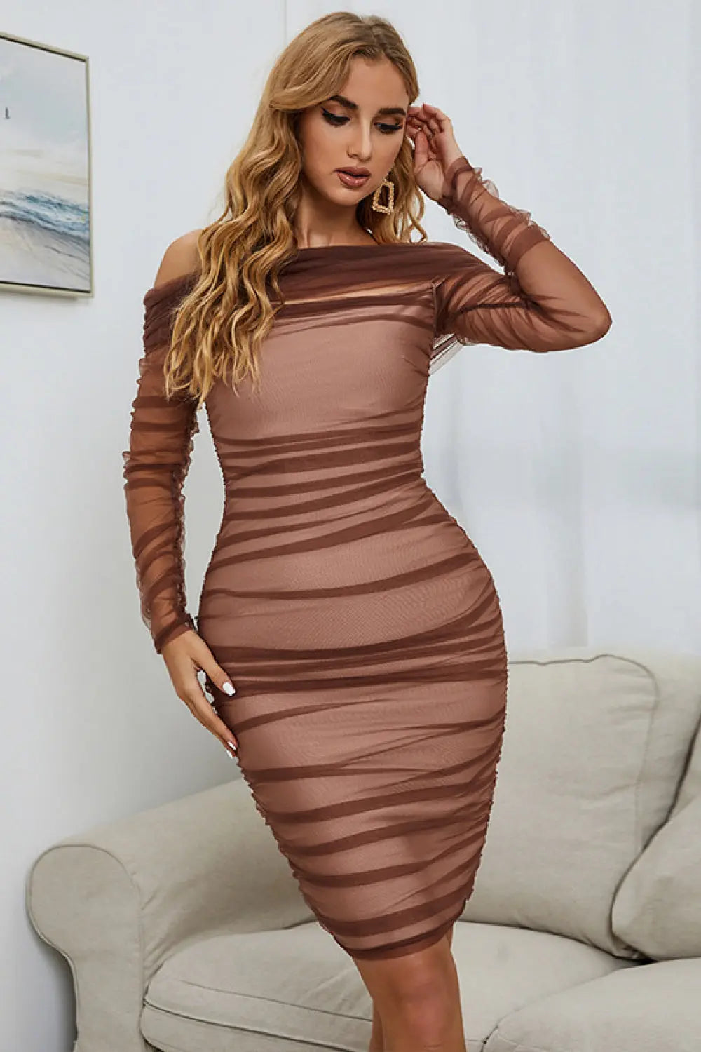 Off-Shoulder Ruched Long Sleeve Tulle Dress - Hot Trends