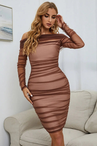 Off-Shoulder Ruched Long Sleeve Tulle Dress - Hot Trends