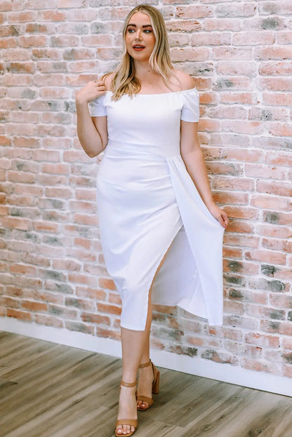 Off-Shoulder Short Sleeve Split Dress - Hot Trends