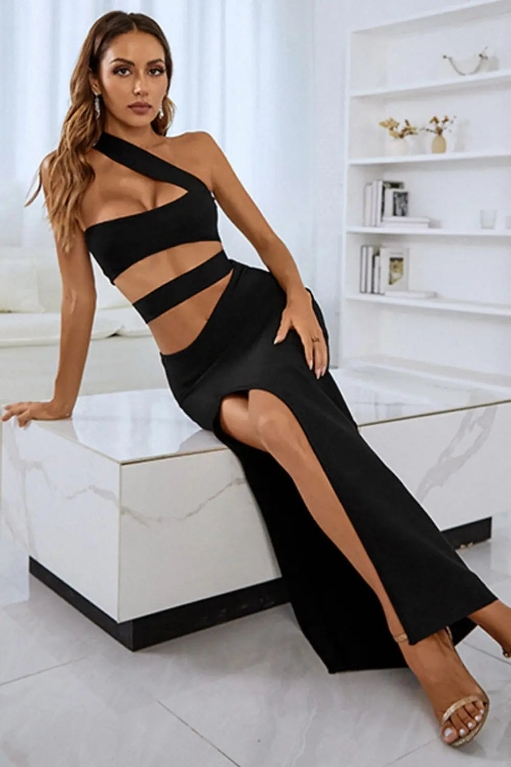 One-Shoulder Cutout Front Split Maxi Dress - Hot Trends