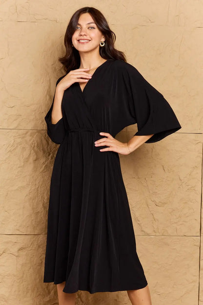 OneTheLand Make Your Move Solid Surplice Midi Dress - Hot Trends