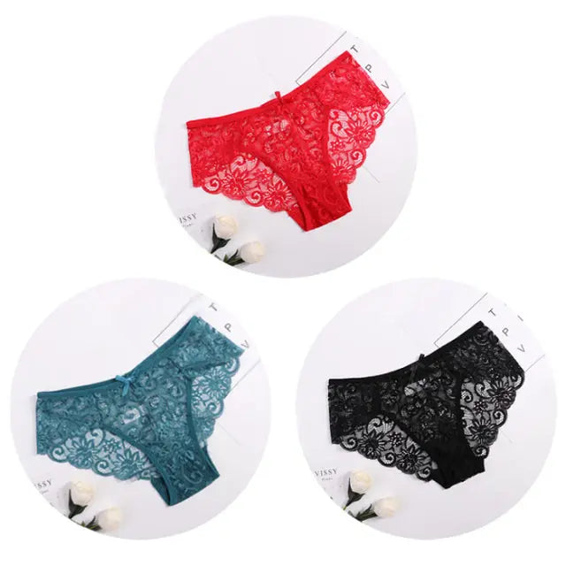 3pcs/Pack Sexy Women Lace Panties Underwear Lace  Briefs S M L XL Transparent  Floral Bow Soft Lingerie - Hot Trends