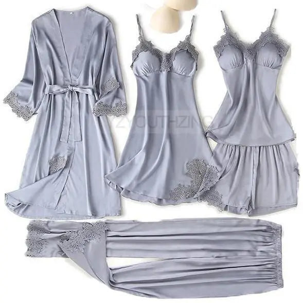 Pajama Set Women Lace Trim Satin Sleepwear Pyjamas Nightwear With Pants - Hot Trends