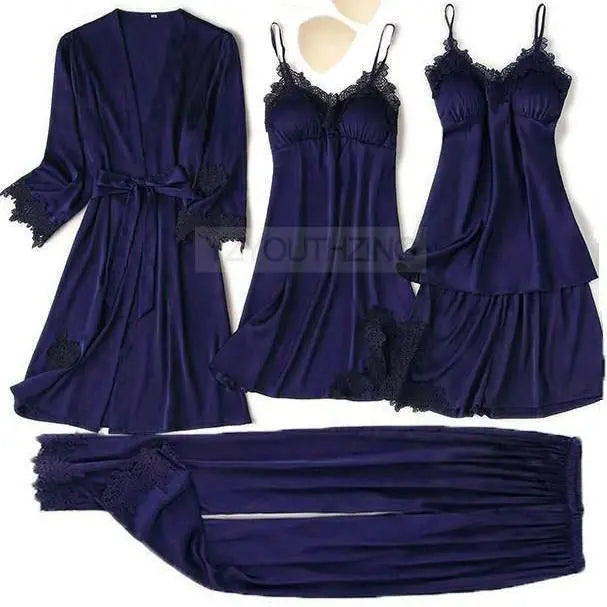 Pajama Set Women Lace Trim Satin Sleepwear Pyjamas Nightwear With Pants - Hot Trends