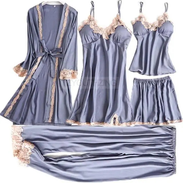 Pajama Set Women Lace Trim Satin Sleepwear Pyjamas Nightwear With Pants - Hot Trends