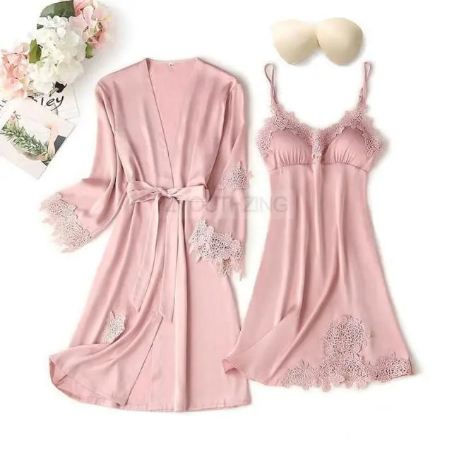 Pajama Set Women Lace Trim Satin Sleepwear Pyjamas Nightwear With Pants - Hot Trends